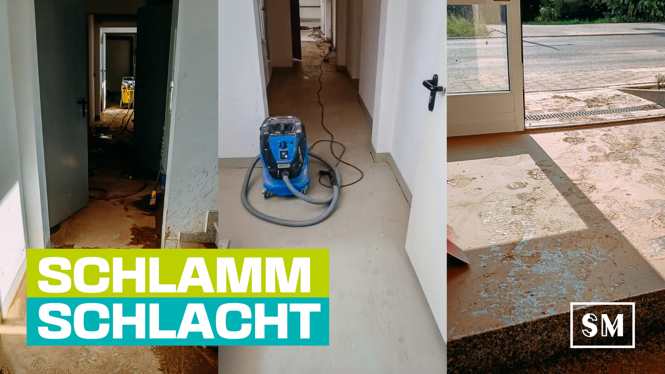 3 Bilder der Baustelle, die einen ersten Einblick in das Chaos geben. Überall ist Dreck, im mittleren Bild ist ein Reinigungsgerät zu sehen. Vorher/Nachher: Der mit Matsch und wasser überflutete Kellergang im Vergleich zum gereinigten Ergebnis nach. zwei Tagen.