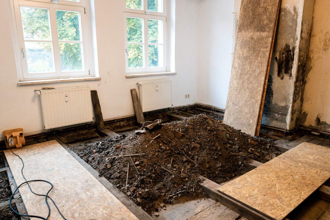 Totale des Raumes auf der Baustelle von SM Kattner in Lößnitz. Ein großer Haufen der alten Bodenschüttung liegt in der Mitte der offenen Bodenbalken. Links und rechts sind bereits die ersten OSB-Platten des neuen stabilen Fehlbodens verlegt.