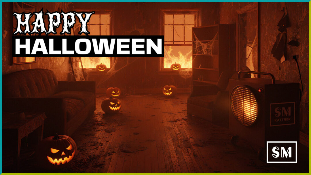 Happy Halloween: Wohnung in dunkler Halloween-Atmosphäre mit leuchtenden Kürbissen auf dem Boden, Spinnweben an der Decke und einem Trocknungsgerät von SM Kattner in der Ecke