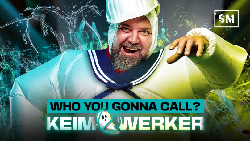 Mario Kattner posiert für die Keimwerkerkampagne. darunter der Slogan: "Who you gonna call? Keimwerker"