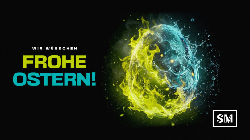 Ostergrüße auf schwarzem Hintergrund mit einem künstlerisch gestalteten Osterei aus Elementen von gelbem Feuer und blauem Wasser. Der Text lautet: „WIR WÜNSCHEN FROHE OSTERN!“ in leuchtend gelber und türkiser Schrift. Unten rechts befindet sich das Logo von SM Kattner.