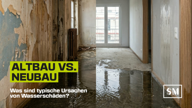 Vergleich von Wasserschäden in einem maroden Altbau mit blätternder Tapete und einem modernen Neubau mit Pfützen auf dem Estrichboden. Text im Bild: Altbau vs. Neubau - Was sind typische Ursachen von Wasserschäden?