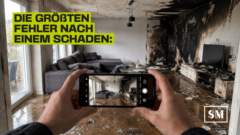 Hände fotografieren mit Smartphone einen Brand- und Wasserschaden im Wohnzimmer, Text overlays: Die größten Fehler nach einem Schaden