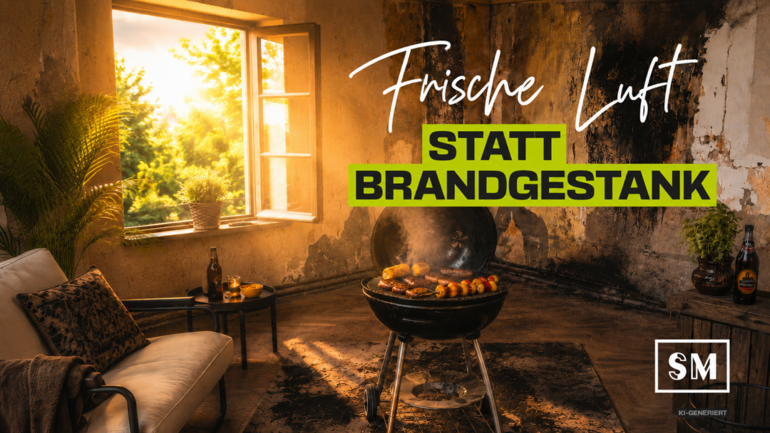 Sonnendurchfluteter Wohnraum mit Brandschäden, geöffnetem Fenster und Grill – frische Luft nach professioneller Brandschadensanierung durch SM Kattner.