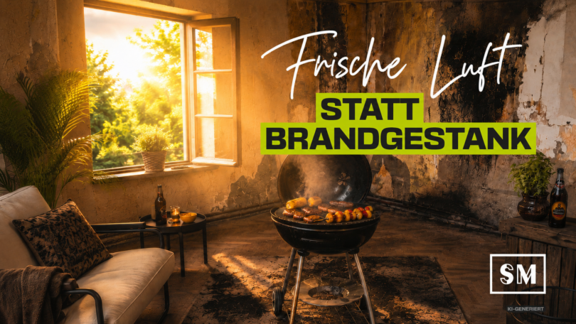 Sonnendurchfluteter Wohnraum mit Brandschäden, geöffnetem Fenster und Grill – frische Luft nach professioneller Brandschadensanierung durch SM Kattner.