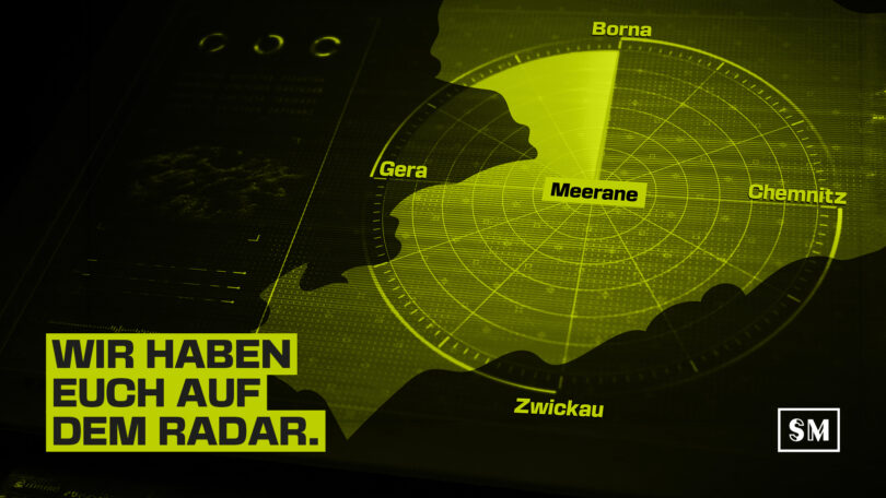 Grünes Radardesign mit der Aufschrift „Wir haben euch auf dem Radar.“ und Städtenamen wie Meerane, Gera, Chemnitz, Zwickau und Borna.